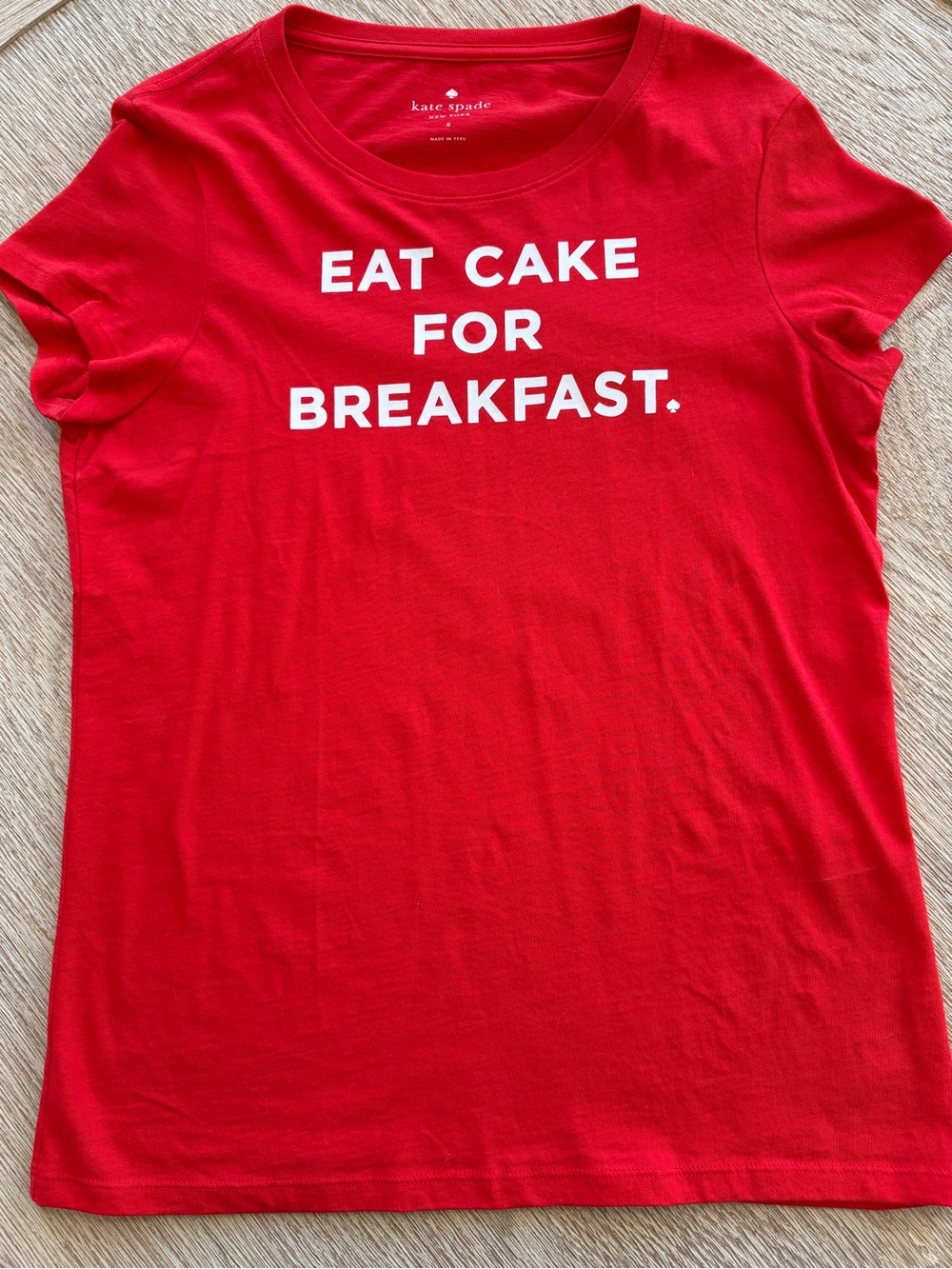 kate spade ♠️ Red Graphic Cotton Tee with White Text Eat Cake For Breakfast